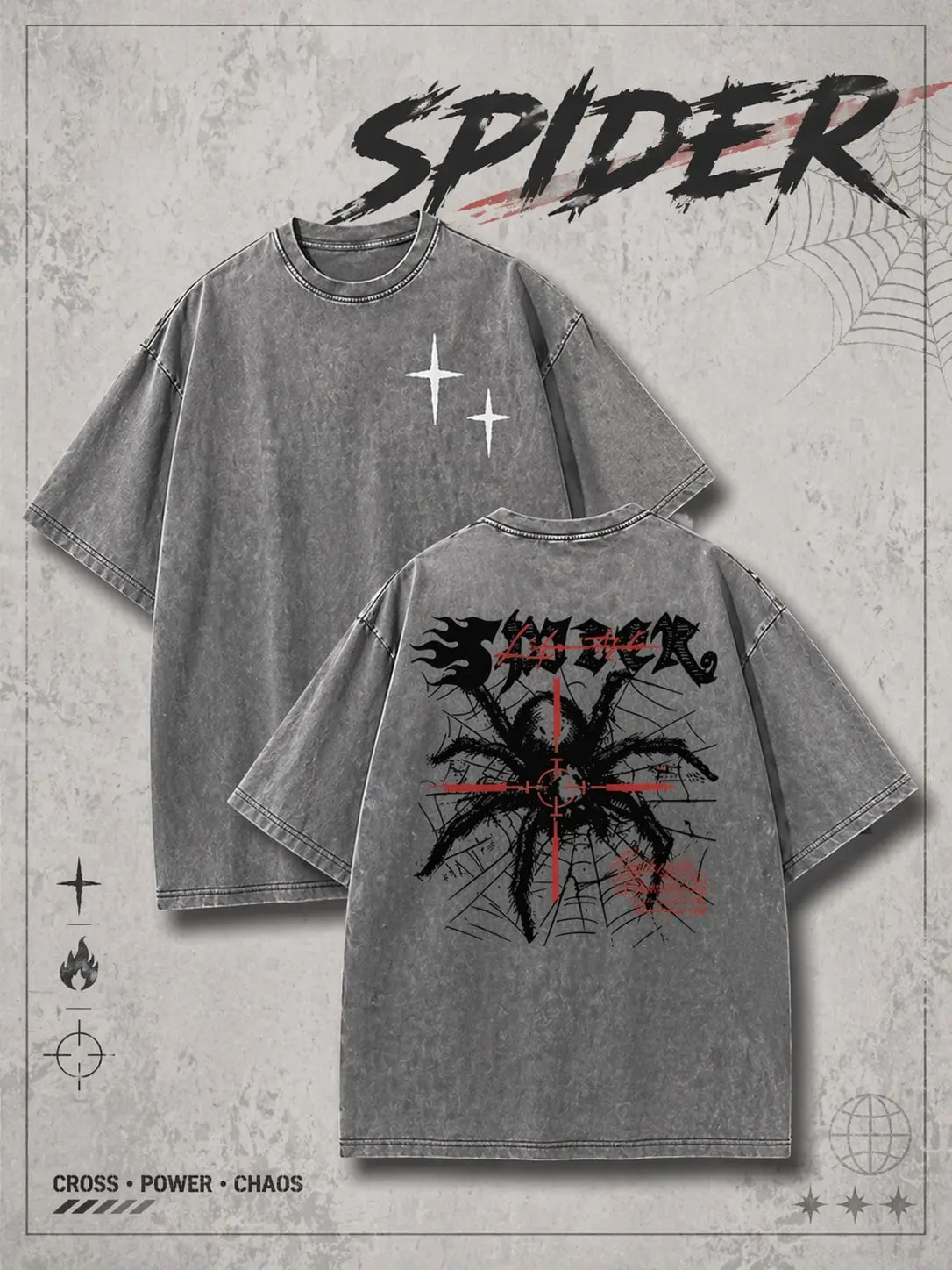 Vintage Gothic Spider Cross Target Grunge T-Shirt, Washed Gray Cotton Oversized Short Sleeve Tee, Dark Chaos Streetwear Front & Back Print Crewneck Shirt