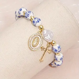 1pc exquisite blue and white porcelain cross retro style copper ceramic imitation baroque blue ladies bracelet party celebration gift