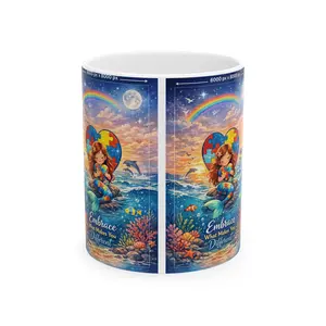 Glossy Autism Awareness Mermaid Heart Ceramic Mug - 11oz BPA-Free Reusable Colorful Ceramic Drinkware, Washable Kitchenware for Coffee Drinks, Ceramic Mugs, Colorful Ceramic Mugs