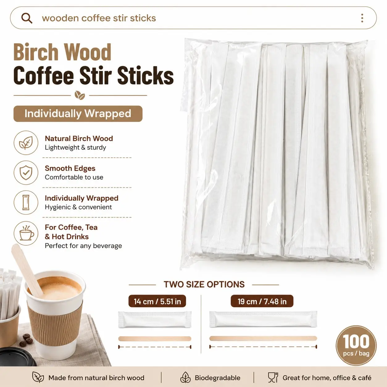 Coffee Stirrers 100 Pack Individually Wrapped Wooden Coffee Stir Sticks 5.51/7.48 Inch, Smooth Round Ends,for Coffee, Cocktails, Drinks and Coffee Bars