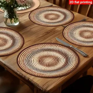 4-Piece Set Round Placemats, Circular, Natural and Print, Kitchen Home Dining Party Holiday Decor, Classic Design, Moving Gift, Festive Table Setting