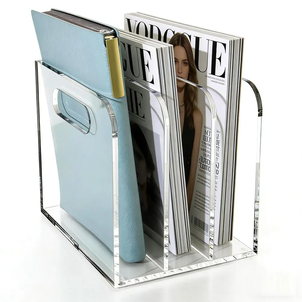 Acrylic Magazine File Holder – 3 Vertical Compartments Desk Document Sorter, Clear Folder Rack for Office, Classroom & Home, Perfect for Tablets, Magazines & Books