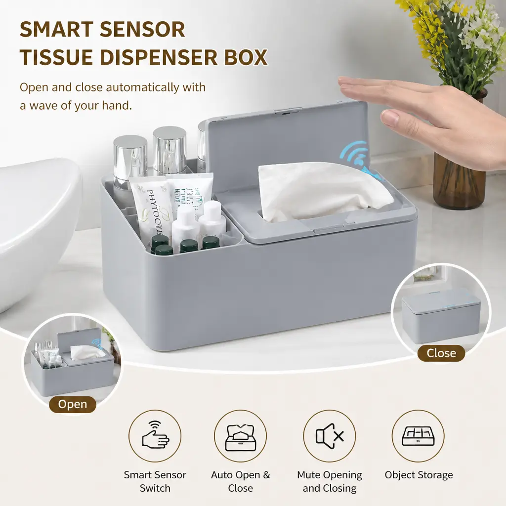 1pc Smart Sensor Tissue Box with Ladder Grid Makeup Organizer, Touch Free Automatic Open Tissue Dispenser, Waterproof Dustproof Bathroom Countertop Skincare Storage Caddy for Vanity Dresser Office