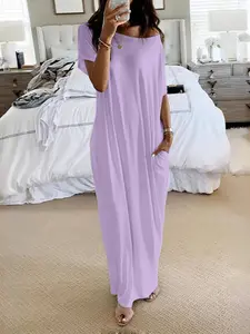 Women's Comfortable Loose-Fit Short Sleeve Nightgown, Casual Home Wear Loungewear for All Seasons, Soft Round Neck Sleepwear with Batwing Sleeves, Womenswear