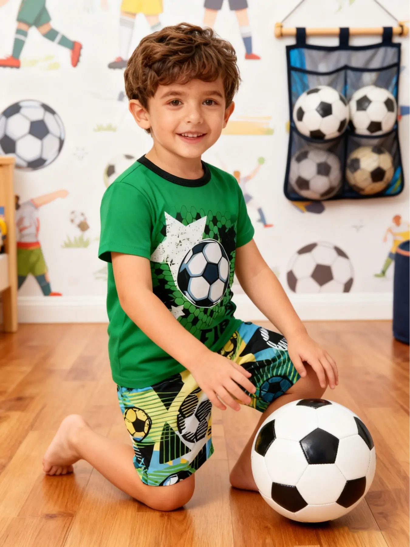 Boy's Cartoon Soccer Print Short Sleeve Tee & Shorts PJ Set, Casual Comfy Round Neck T-shirt & Shorts PJ Set, Kids Sleepwear for Summer, Cartoon Pattern Pajamas, Summer Pjs