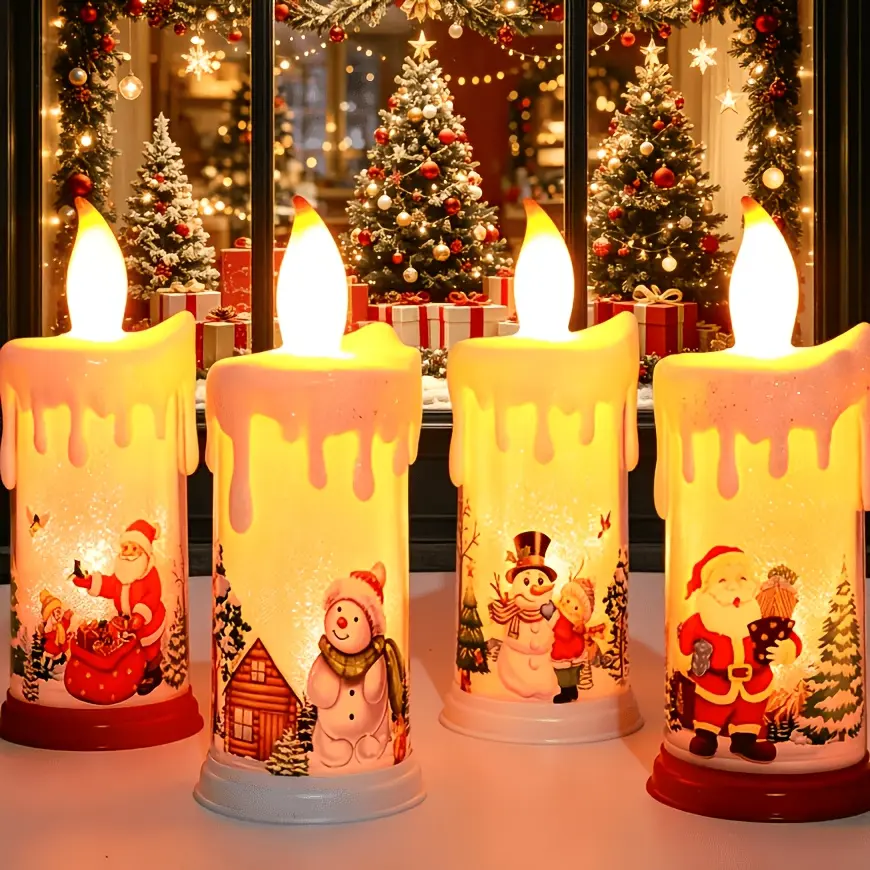 Christmas Santa Clause Flameless Candles Flickering Battery Operated with Timer, Real Wax Led Pillar Candles Warm Light, Christmas Snowman Santa Clause and Deer Home Decor Gift(Pack of 4)