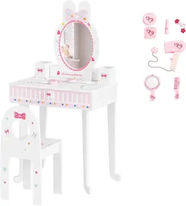 JOYMOR Kids Vanity Set with Mirror, 2-in-1 Design, Toddler Vanity w/a Drawer, Storage Box, 7 pcs Make up Accessories, Kids Vanity Table and Chair Set (White)