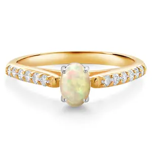 10K Yellow and White Gold Oval Gemstone Birthstone and White Lab Grown Diamond Engagement Ring For Women (Available In Size 5, 6, 7, 8, 9)