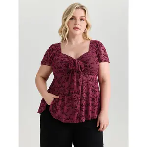 BLOOMCHIC Women's Plus Size Floral Flocked Mesh Knotted Front Blouse - Short-Sleeve Lady's Top with Spandex Fabric 2026 Summer Casual Fit Mother's Day Pick 2026 Summer Vibes