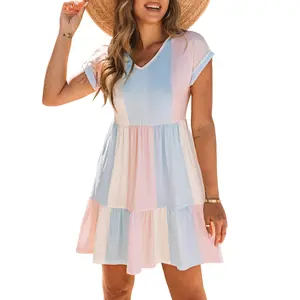 Asvivid Women's Multicolor Striped Rainbow Colorblock Dresses V Neck Short Sleeve Tiered Smock Babydoll Casual Summer Vneck Dress#DealsForYouDays