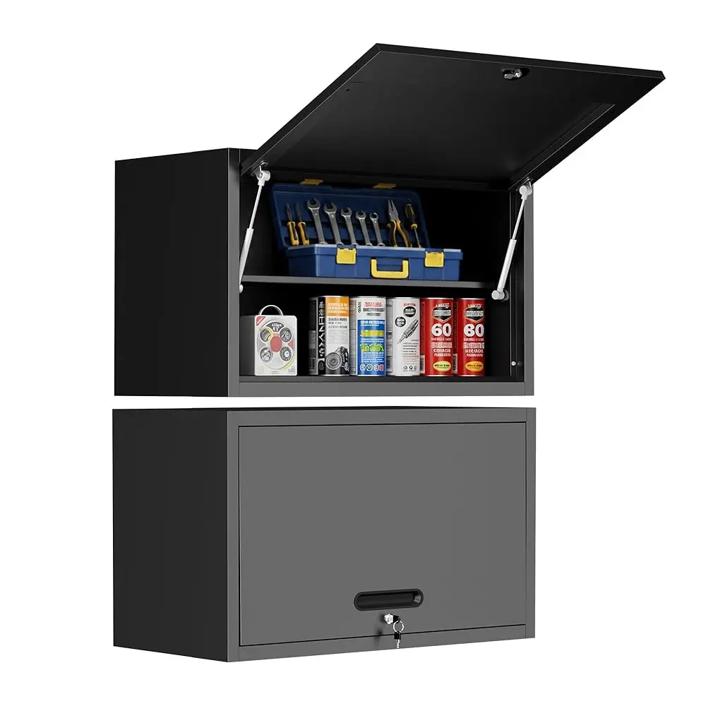 Wall Mounted Metal Storage Cabinet with Lock, 29.5" Garage Tool Cabinet with Adjustable Shelf and Gas Struts, Steel Wall Organizer for Workshop, Office and Utility Room, Black