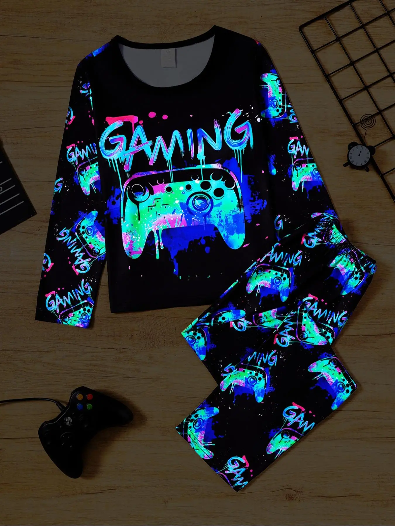 Two-piece Set Boy's Gamepad Print Long Sleeve Tee & Elastic Waist Pants Set, Casual Round Neck Top & Trousers for Spring & Fall, Kids Clothes for Dail