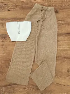 Autumn Winter Casual Knit Set, High-Waisted Drawstring Wide-Leg Pants, Crop Short Knitted Top, Soft Loose Fit Two-Piece