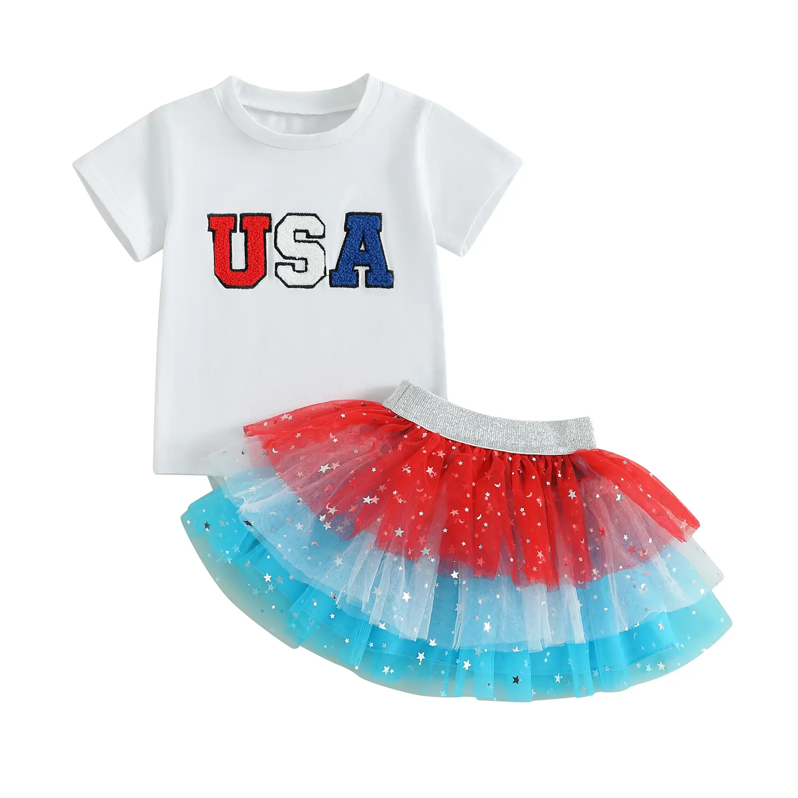 4th of July Toddler Baby Girl Outfits USA Letter Embroidery Round Neck Short Sleeve T-Shirt Top and Star Print Layered Tulle Tutu Skirts 2Pcs Set Little Girls Patriotic Clothes