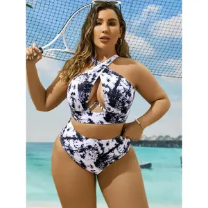 Plus Size Tie Dye Print Halter Neck Criss Cross Backless Underwire Push Up Swim Bra & High Waist Swim Panty Set, Casual Fashion Cut Out Sleeveless Swim Top & Swim Bottom Swimwear Set, Bikini Sets, Halter Bikinis SetGift