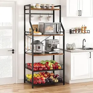 Rustic Brown 5-Tier Industrial High-Strength Hook-On 4-Leg Hangable Dual-Purpose Baker's Rack - Kitchen Microwave Oven Stand with 2 Large Wire Baskets, 8 Hooks for Spice/Pot Organization, Coffee Bar Station, Floor-Friendly Design, Dual-Purpose Baker's Rac