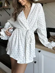 Women's Heart Print Robe, Comfy Long Sleeve Belted Bathrobe, Ladies Sleepwear & Loungewear for All Seasons