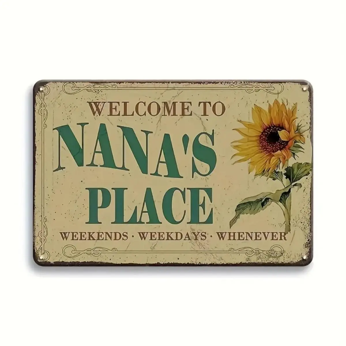 Vintage Sunflower Welcome Sign, Welcome To Nana's Place Metallic Sign, Rustic Aluminum Art for Home Entrance, Charming Gift for Decor