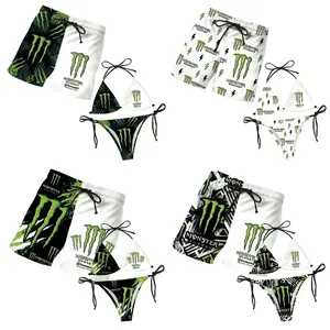 Matching Monster Couple Swimwear Set, Women's Tie Side Bikini & Men's Hawaiian Swim Trunks, Tropical Beach Vacation Outfit, Summer Resort Beachwear