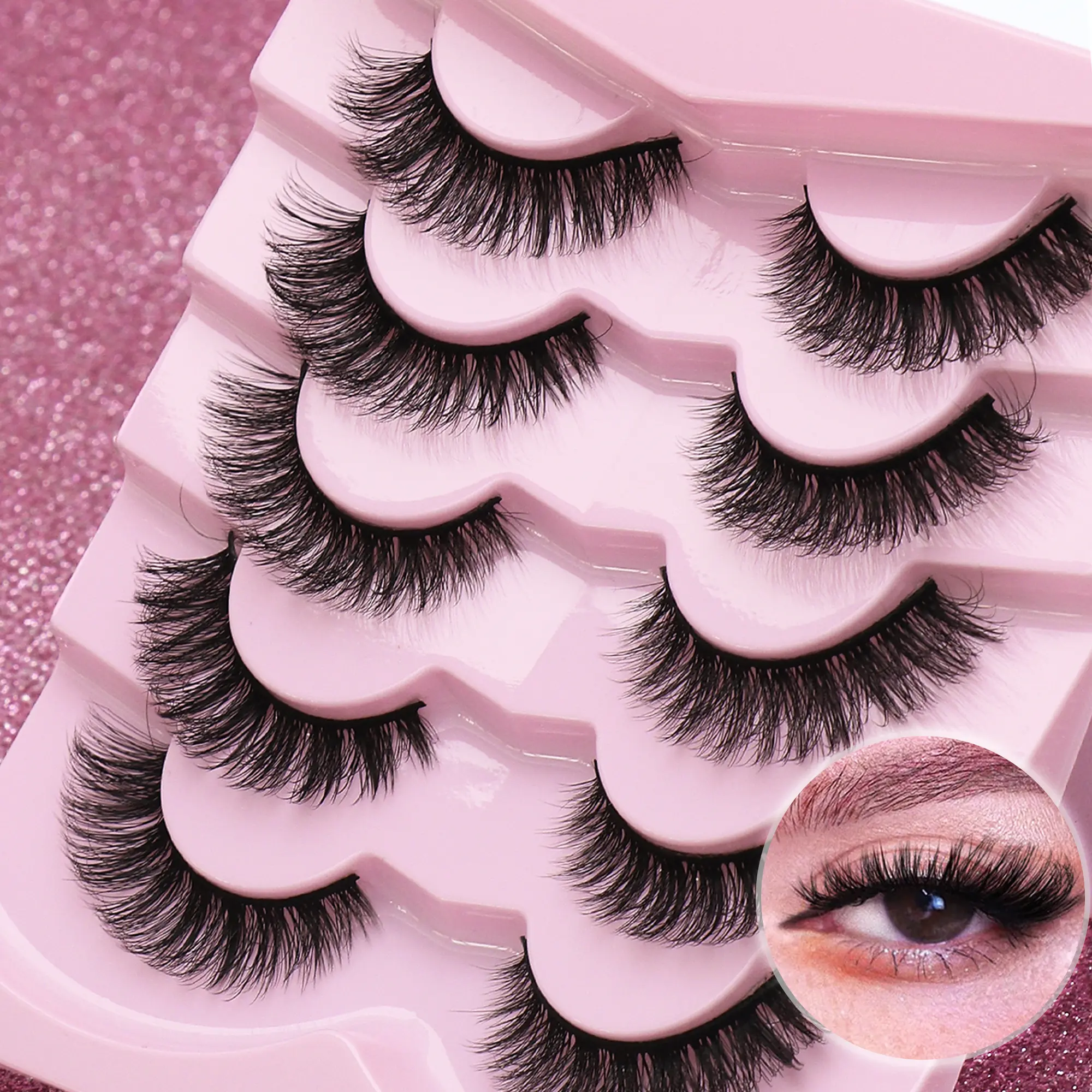 Pack of 5 pairs — natural, voluminous, soft 3D dense mink false eyelashes; long, multi-layer styles; short, dense options; large makeup set for weddings, parties, nightclubs, and everyday work meetings; comfortable wear; natural false lashes; handmade las