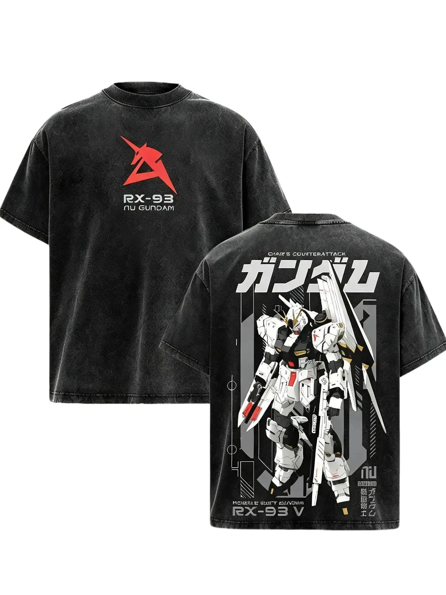 New Trending RX-93 Nu Gundam Vintage Washed T Shirt Mobile Suit Gundam Char’s Counterattack Graphic Tee Y2K Streetwear Oversized Anime Shirt Japanese Mecha Anime Fans Gift Heavy Cotton Acid Wash Tee