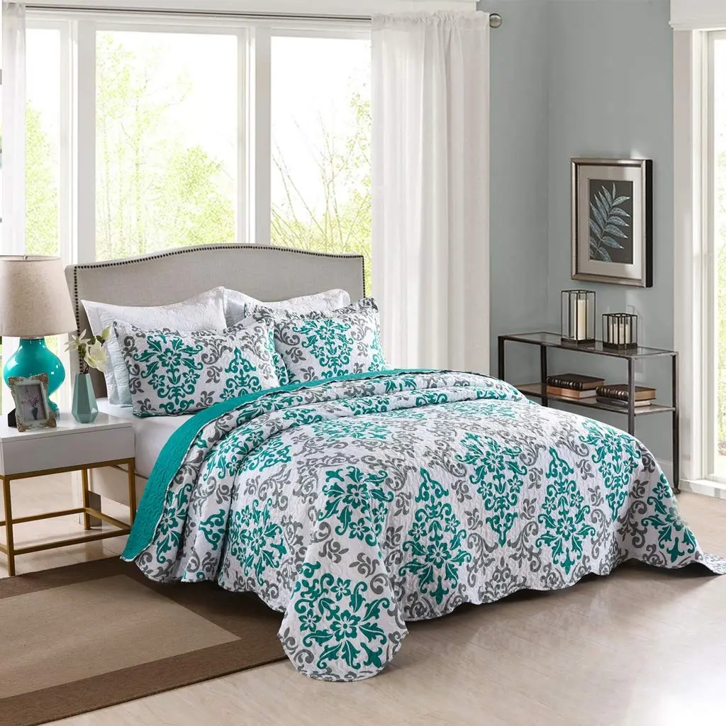 Refresh Your Bedroom | 3 Piece Teal Printed Quilt Set - All Season Comfort Refresh Your Bedroom | 3 Piece Teal Printed Quilt Set - All Season Comfort