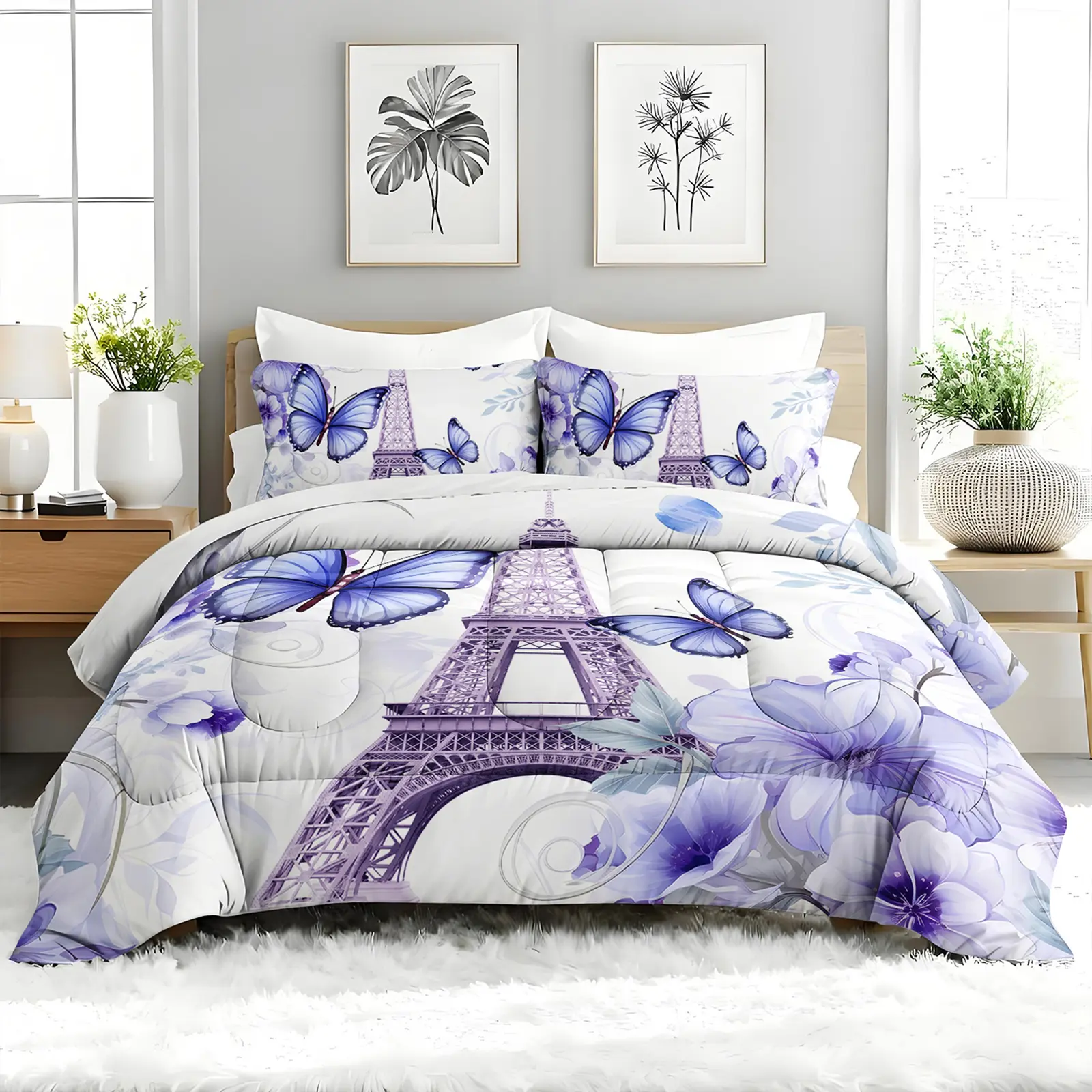 3pcs Eiffel Tower Butterfly Floral Duvet Set - Lightweight Soft All-Season Microfiber Queen Comforter Quilt Bedding Set, Breathable, Machine-Washable, Cozy Aesthetic Parisian Romantic Girls' Guest Room Gift with 2 Pillowcases