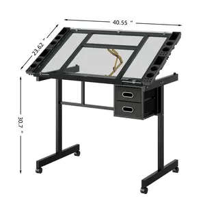Adjustable Art Drawing Desk Craft Station Drafting with 2 fabric Drawers and 4 Wheels (black)