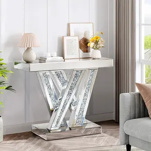 Modern Entryway Console Table with Crushed Diamond Inlay, 35" Silver Mirrored Glass Hallway Table for Entryway, Glam Decorative Sofa Tables for Living Room