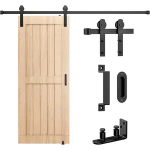 6.6FT Sliding Barn Door Hardware Kit, Heavy Duty Whole Set (Includes Adjustable Floor Guide, 2 Handles and Dook Hook) -Smoothly and Quietly, Fit 36"-40" Wide Door Panel -Black, I Shape Hanger