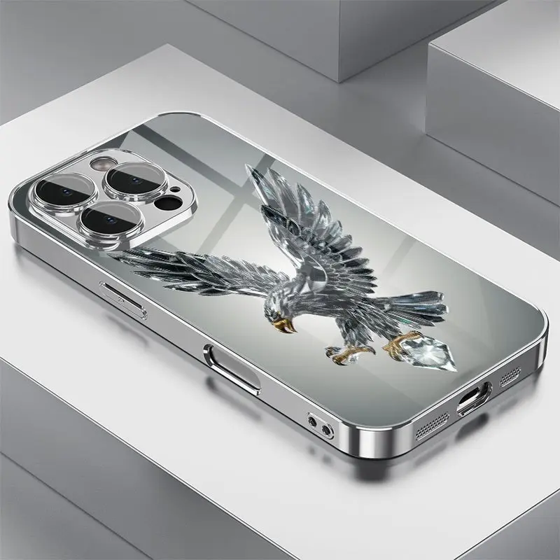 Crystal eagle pattern electroplated design, drop-proof and non-slip TPU full-coverage lens silver glass phone case, compatible with iPhone 17, 16, 15, 14, 13, 12, 11, Samsung and other models. Makes a great gift for friends or family.