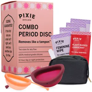 Pixie 2 Menstrual Discs for Feminine Care - 100% Medical-Grade Silicone - Ranked 1 for Softest Reusable Period Disc - Removes Like a Tampon - Wear 12 Hours - Capacity of 5 and 7 Tampons