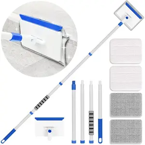 Baseboard cleaning tool with handle, wall cleaner with extendable long handle, door frame cleaning tool, includes 4 reusable cleaning pads. Quickly cleans baseboards, ceilings, and walls