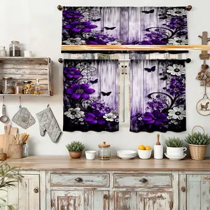 3pcs Curtains for The Kitchen Adorned with Purple Flowers And Black Butterflies, Crafted for a Rod Pocket Hanging Method, Perfect for Home Decor, with Artistic Prints, Offered in Various Sizes Without The Rod, Including a Tier & Valance Set