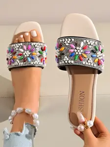 Women's Fashion Bohemian Beaded Flat Sandals Slippers, Handmade Heavy Beadwork with Rhinestones, Gems and Pearls, Elegant Ethnic Style Square Toe Slip-On Sandals, Comfortable Non-Slip Sole, Versatile Summer Shoes for Casual Wear, Shopping, Work, Vacation.