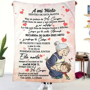 Abuela-to-Grandson Spanish Inspirational Flannel Blanket - Personalized Message Mexican-Style Throw, "To My Grandson" Love Letter with Cartoon Hugs, Handwritten Text, Butter-Soft, Fade-Resistant, Multi-Size, Cozy for Latino Graduation Gifting, Personalize