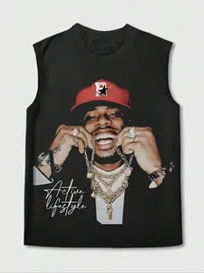 Men's Letter & Graphic Print Round Neck Tank Top, Graphic Tank Tops, Vest Top, Regular Fit Stretchy Fashion Casual Slim Sleeveless Top for Summer, Men's Clothes for Daily Wear, Menswear