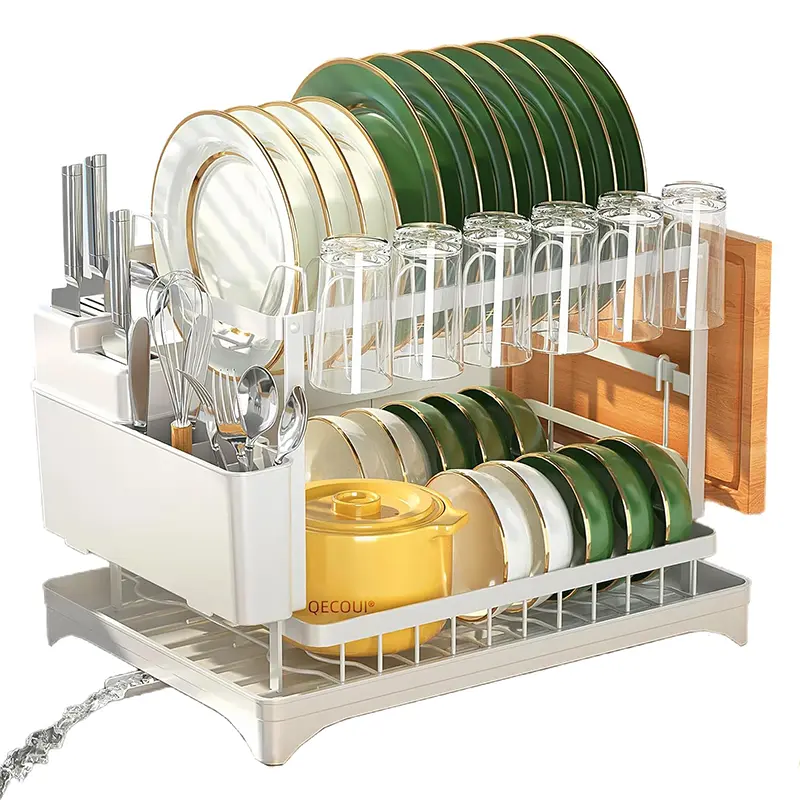 Multifunctional Double-Decker Draining Board Kitchen Organiser – Dish Drying Rack with Cup Holder Trays, Utensil Storage for Plates and Cutting Boards Black