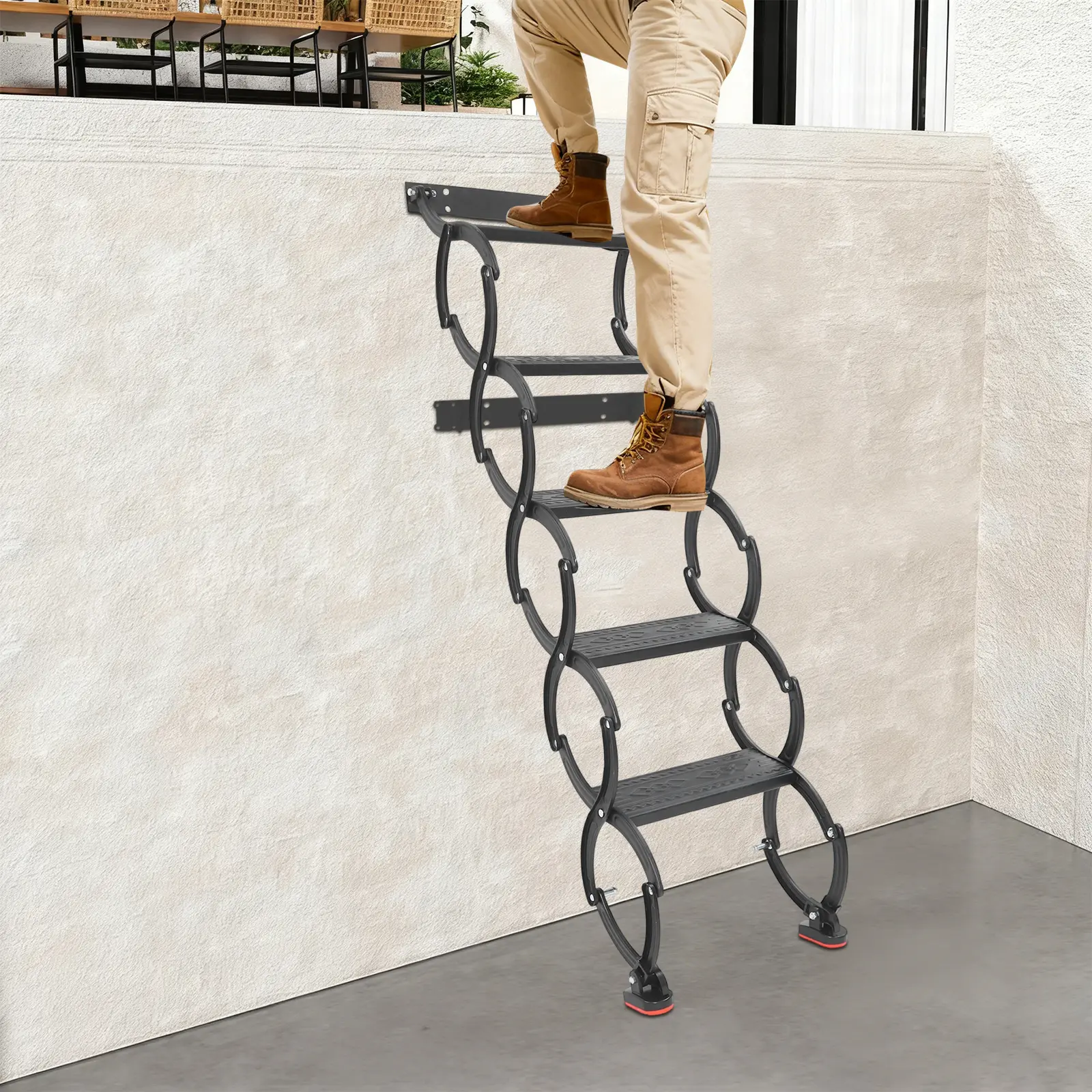5-Step High Manganese Steel Retractable Folding Stairs for Attic Loft, Shop, Warehouse, Basement, Stairwell, Rooftop, 200kg/440lbs Per Step Load, 40*145cm Unfolded Size, Electrostatic Spray Coating, Includes 1 English Manual, Step Ladder