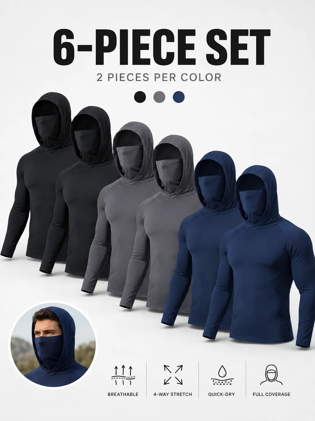 Men’s Slim-Fit Minimalist 6-Pack Polyester Pullover Hoodies - Long-Sleeve Lightweight Sun Protection Breathable Activewear Shirts with Face Mask for Hot Weather Outdoor Jobs