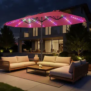 [RGB] 15ft Double-Sided Patio Umbrella with RGB Solar LED Lights, 135ft² Shade, UPF50+ 99.9% UV Protection, 220gsm Fabric, Durable Steel Frame, Easy Crank & Included Base