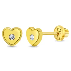 14k Gold Classic CZ Heart Baby / Toddler / Kids Earrings Safety Screw Back