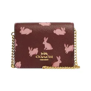 COACH Series 10 Rabbit Print Snap Closure Coated Canvas and Smooth Leather Mini Crossbody Wallet for Women in Wine Red