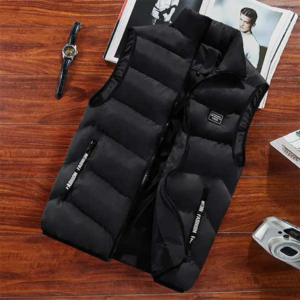 Men’s Fitted Stand Collar Sleeveless Polyester Cargo Vest with Zippered Pockets - Lightweight, Windproof Fabric Outfit for Daily Commuting, Outdoor Sports - Aesthetic, Minimalist Menswear Casual Top, Outfits, Print