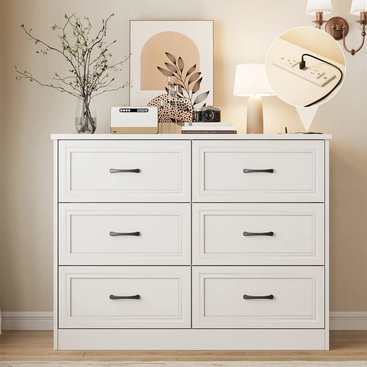[tiktokshopbacktoschool] Vabches 6-Drawer Lockable Dresser, Modern Farmhouse Sturdy Wood Storage Cabinet with Metal Handles, Charging Station & Decor Items for Bedroom, Hallway