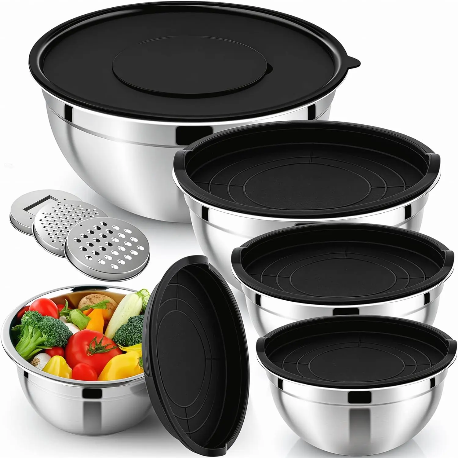 Mixing Bowls with Airtight Lids Set of 5, Stainless Steel Mixing Bowls with 3 Grater Attachments, Nesting Salad Bowl for Prepping, Serving, Cooking, Kitchen, 1.5/2.1/3.5/4/4.5 QT, Black
