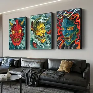 3-Piece Set Japanese Art Style Ghost Face Wall Decor, HD Canvas Poster Print for Home Office Living Room Bedroom Dormitory, Simple Modern Design, Artistic Decoration