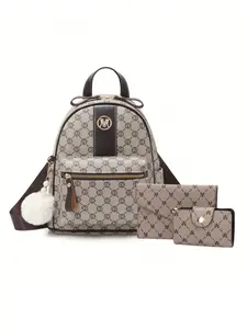 Women's Bag Set 3-Piece, Fashionable and Casual Women's Backpack, Purse Backpack Combo, Letter Printed Pattern Design Women's Backpack, Travel Bag Student Backpack, Commuter Backpack, Large Capacity, Adjustable Shoulder Strap