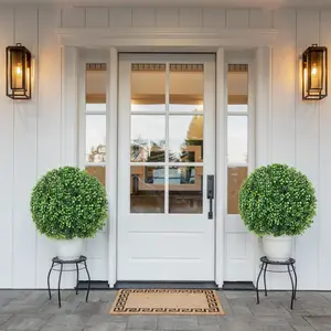 2 Pack Artificial Green Boxwood Topiary Ball with Ground Stakes, UV Resistant Faux Boxwood Balls, Plants, Spring Outdoor Decorations for Front Porch, Yard, Garden, and Patio