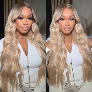 Ombre Honey Blonde Body Wave Lace Frontal Wig Virgin Human Hair Wig For Women 13X6 HD Transparent Lace With Elastic Strap Highlight Ash Blonde Milk Tea Colored Wig Natural Hairline 200% Density